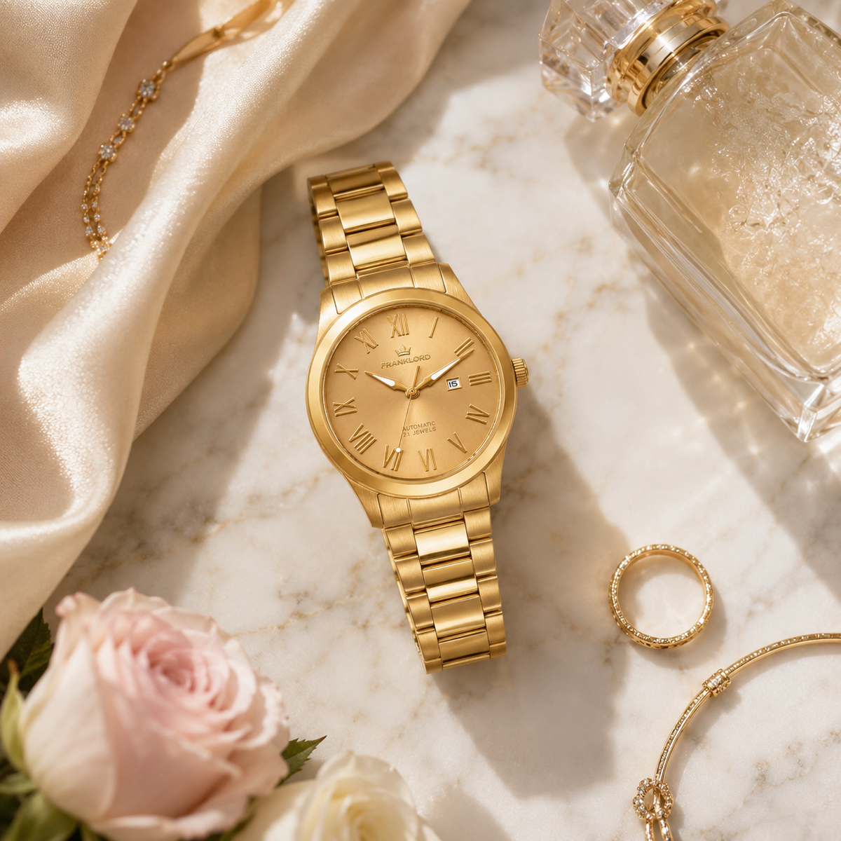 Franklord Ladies Maha Vastu Automatic – Gold Champagne Dial Watch for Women | 316L Steel