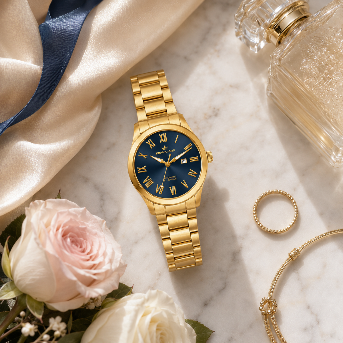 Franklord Ladies Maha Vastu Automatic – Gold Blue Dial Watch for Women | 316L Steel