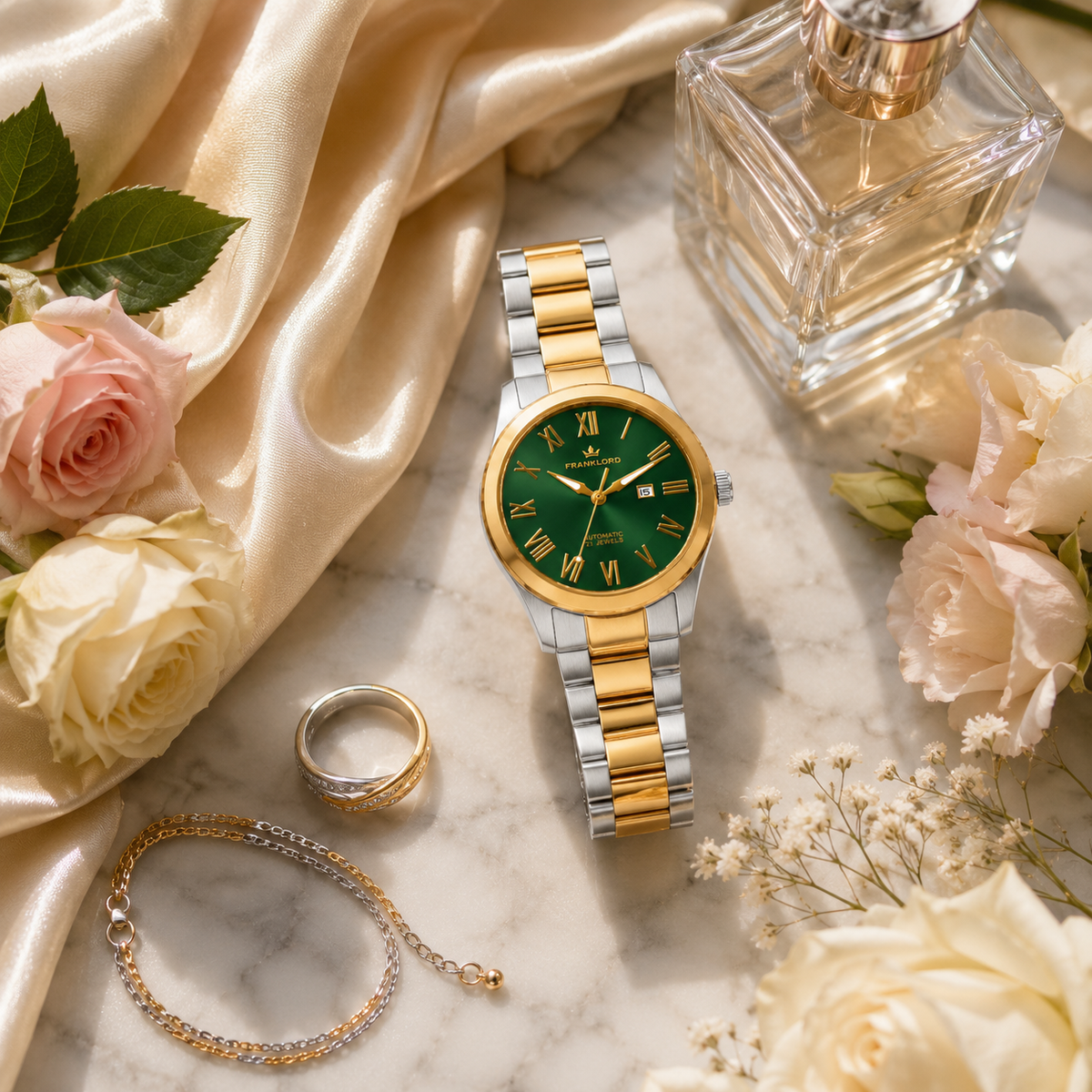 Franklord Ladies Maha Vastu Automatic – Two-Tone Green Dial Watch for Women