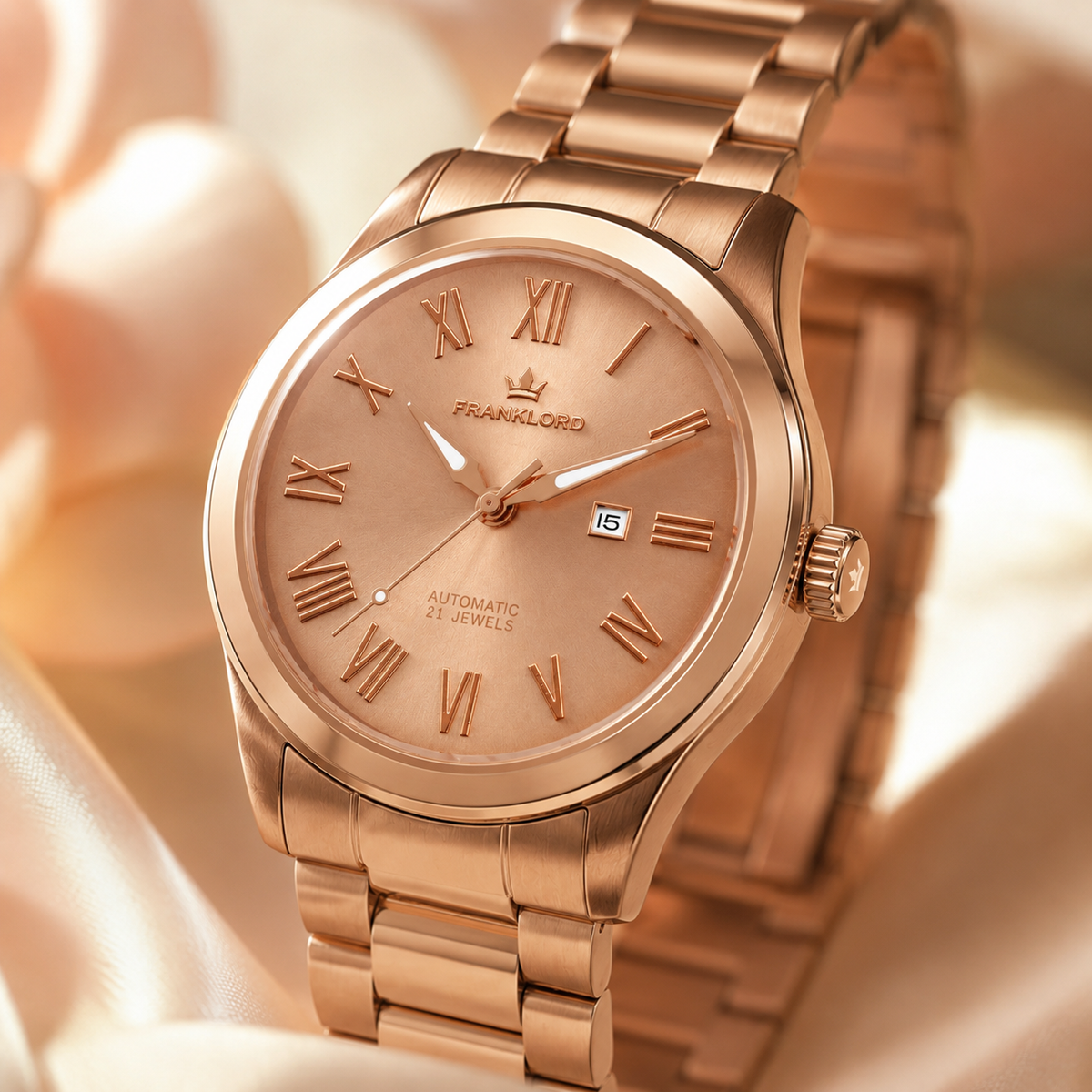 Franklord Ladies Maha Vastu Automatic – Rose Gold Blush Dial Watch for Women | 316L Steel