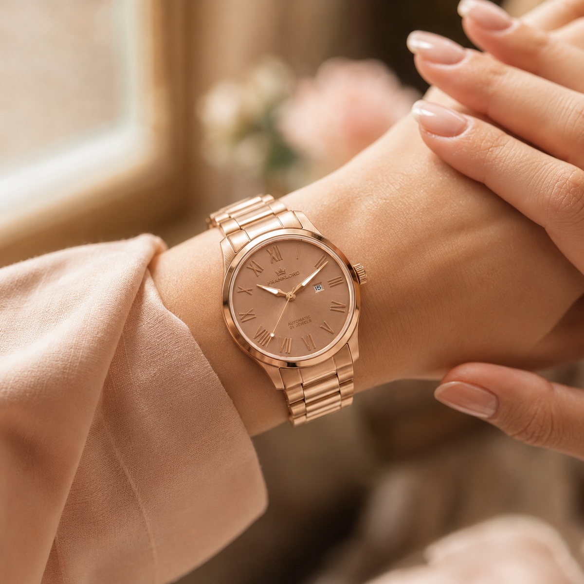 Franklord Ladies Maha Vastu Automatic – Rose Gold Blush Dial Watch for Women | 316L Steel