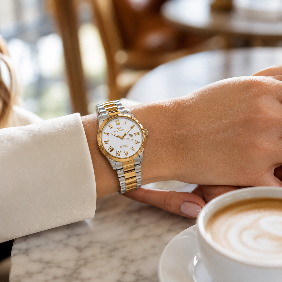 Franklord Ladies Maha Vastu Automatic – Two-Tone White Dial Watch for Women | 316L Steel