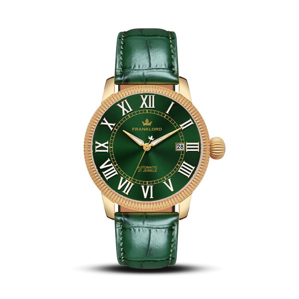 Franklord Majestic Aura 2.0 - Green in Gold Leather | Luxury Automatic Watch For Men