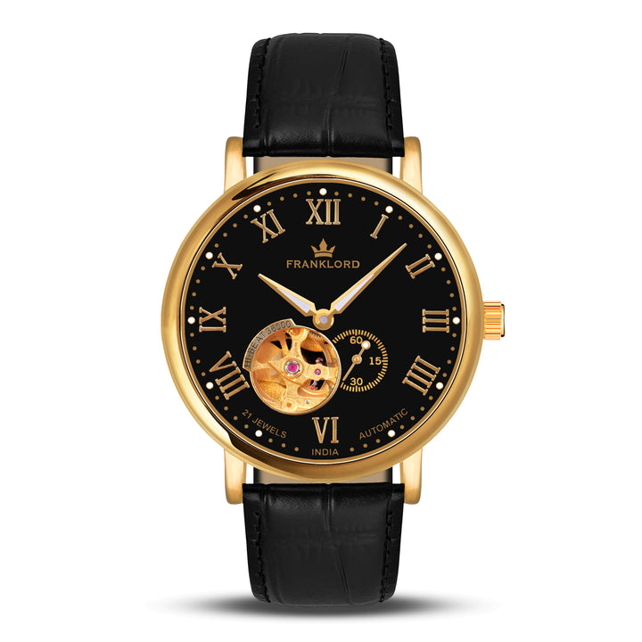 Franklord Heritage Open Heart – Royal Gold Luxury Automatic Black Dial Watch