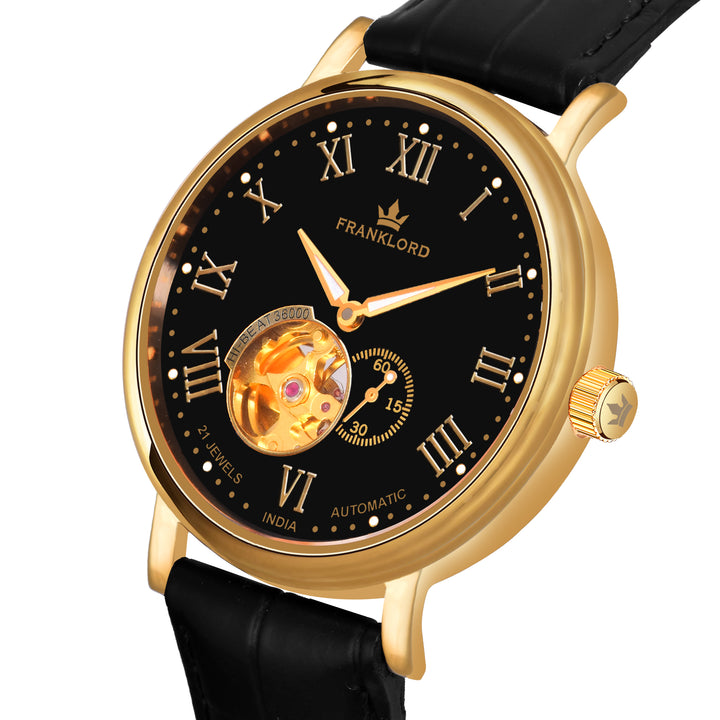 Franklord Heritage Open Heart Royal Gold Premium Black Dial Watch 