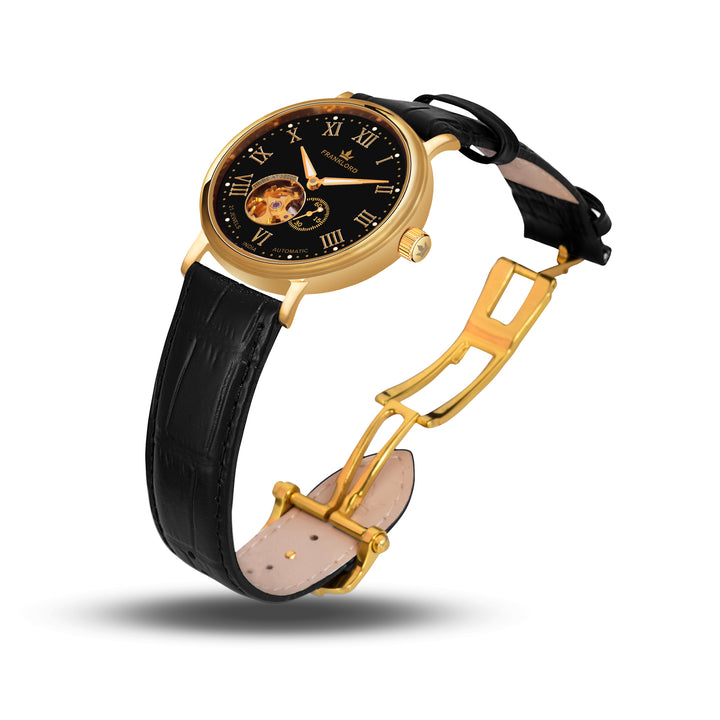 Custom Logo Buckle Franklord Heritage Open Heart – Royal Gold Black Dial Watch