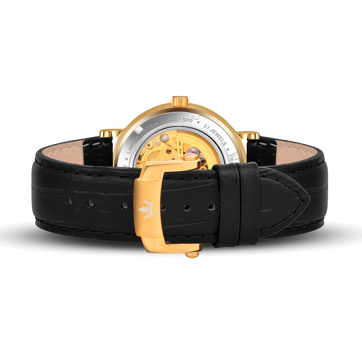 Custom Logo Buckle and Leather Strap of Franklord Heritage Open Heart – Royal Gold Black Dial Watch