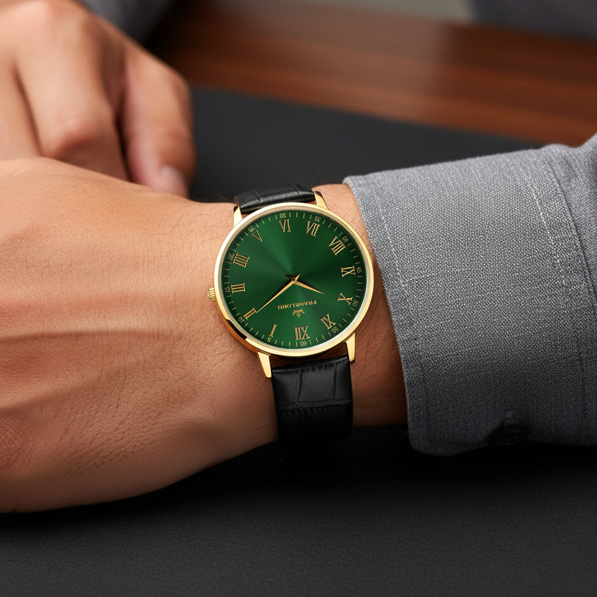 Franklord Classique Emerald - Leather Strap | Slim Green Dial Gold Watch for Men