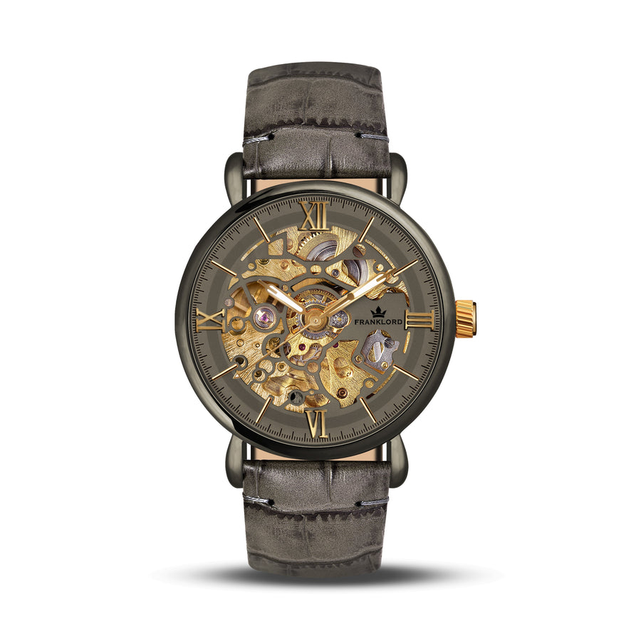 Franklord Mechanis – Titanium Smoke | Skeleton Dial Leather Strap Automatic Watch