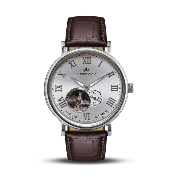 Franklord Heritage Open Heart – Rustic Luxe | Brown Strap Silver Dial Automatic Watch for Men