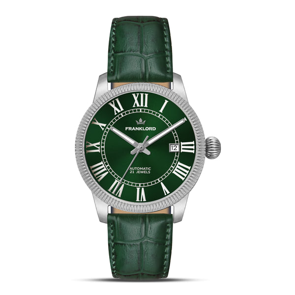 Franklord Majestic Aura 2.0 - Green in Silver Leather | Luxury Automatic Watch For Men