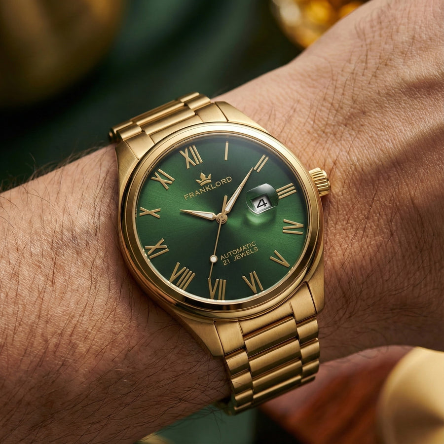 Franklord Regal Sapphire Roman Green in Gold | Maha Vastu-Inspired Timepiece for Prosperity