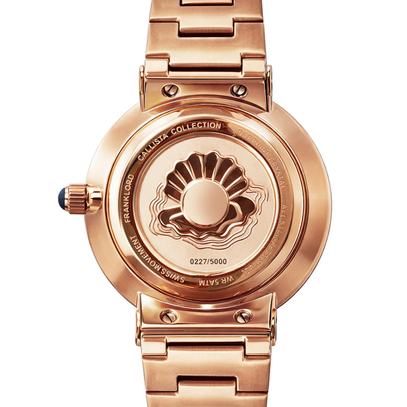 Franklord Callista Bay | Blue Mother-of-Pearl Diamond Bezel Watch for Women caseback with 3D pearl engraving