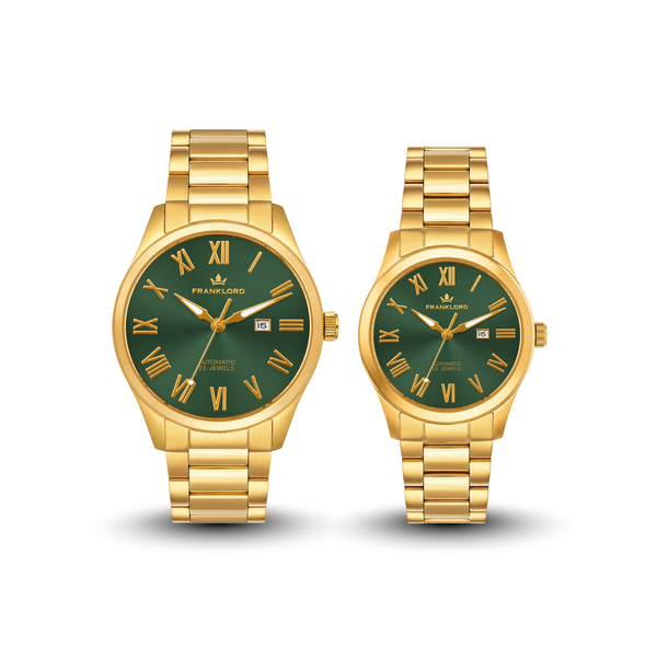 Franklord Maha Vastu Couple Watch Set – Gold Green His & Hers Automatic | Matching Pair