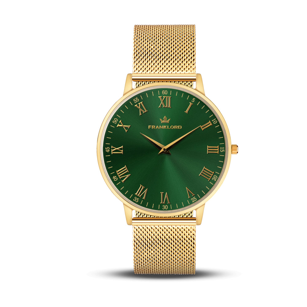 Franklord Classique Emerald - Milanese Bracelet | Slim Green Dial Gold Watch for Men