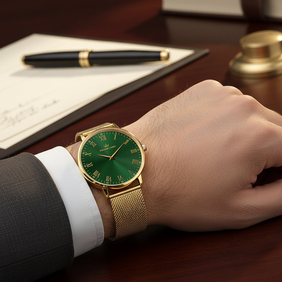 Franklord Classique Emerald - Milanese Bracelet | Slim Green Dial Gold Watch for Men
