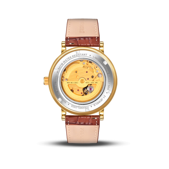5 ATM Water Resistant Backside of Franklord Heritage Open Heart Champagne Royale White Dial Gold Automatic Watch For Men