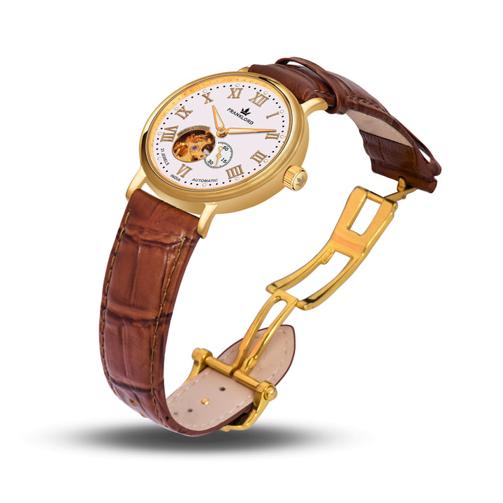 Custom Buckle of Franklord Heritage Open Heart Champagne Royale White Dial Gold Automatic Watch For Men