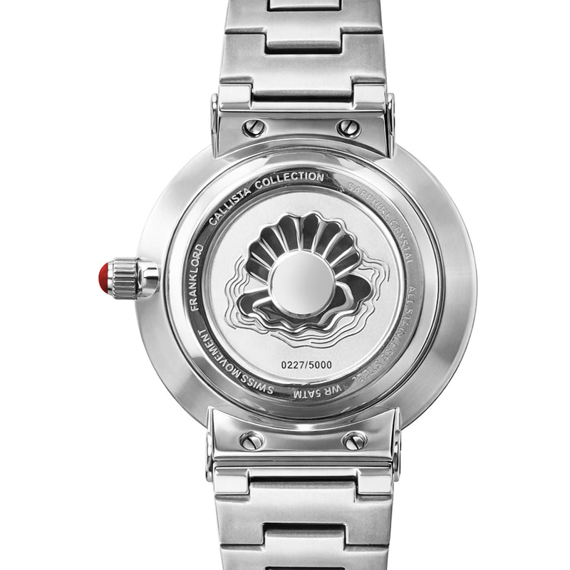 Franklord Callista Ruby | Red Mother-of-Pearl Diamond Bezel Watch for Women caseback with 3D pearl engraving