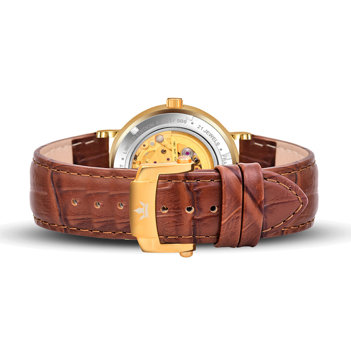 Premium Leather Strap Franklord Heritage Open Heart Champagne Royale White Dial Gold Automatic Watch For Men