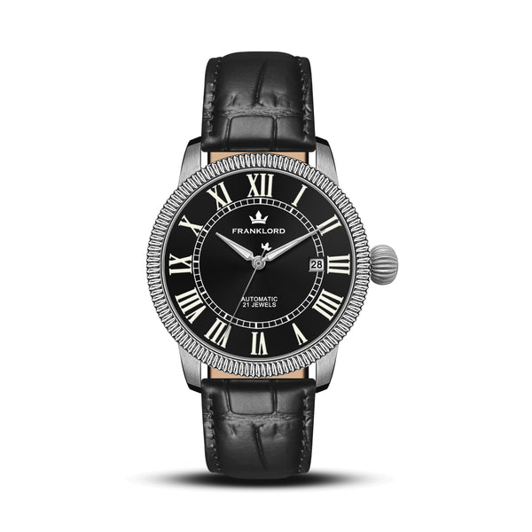 Franklord Majestic Aura 2.0 - Black in Silver Leather | Luxury Automatic Watch For Men