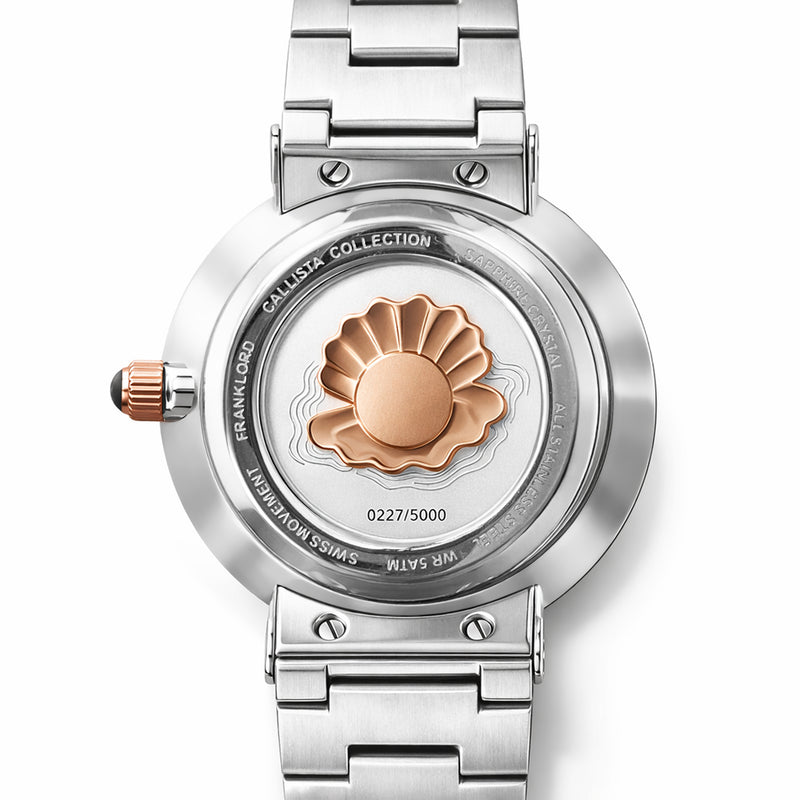 Franklord Callista Rose | White Mother-of-Pearl Two-Tone Diamond Bezel Watch for Women caseback with 3D pearl engraving