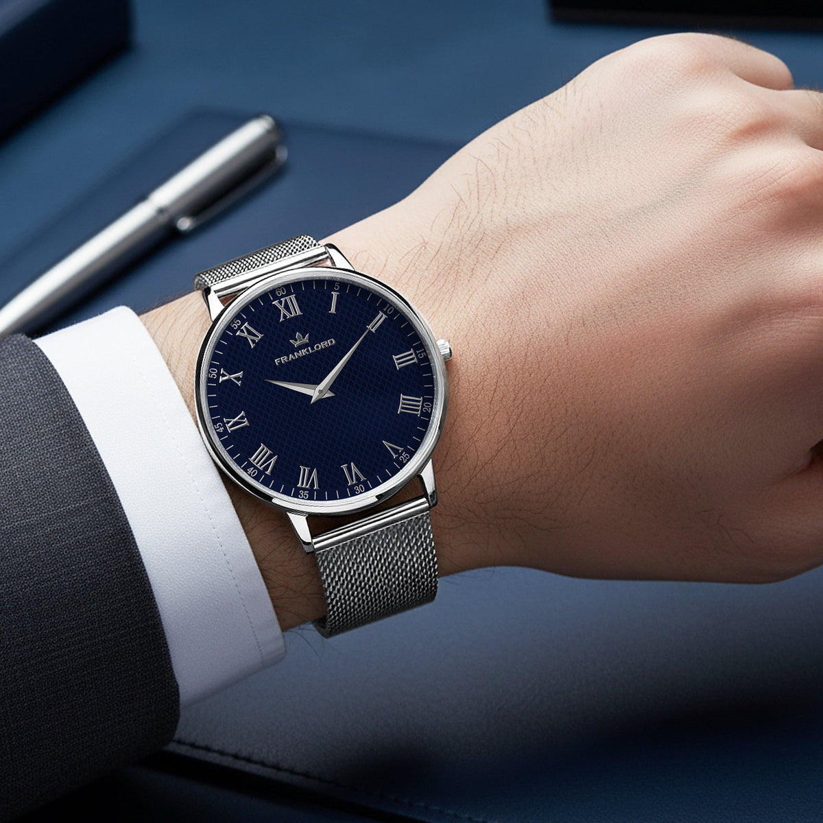 Franklord Classique Royal - Milanese Bracelet | Slim Elegant Blue Dial Watch for Men