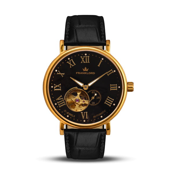 Franklord Heritage Open Heart – Royal Gold | Luxury Automatic Black Dial Watch for Men
