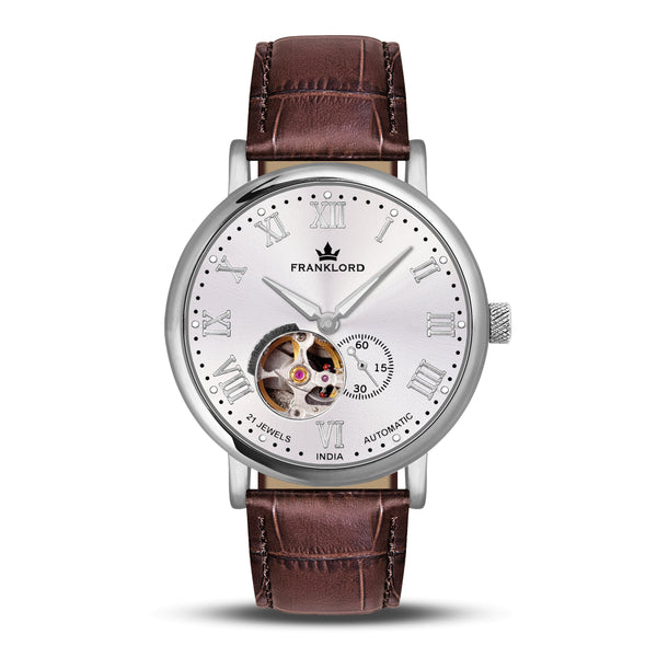Franklord Heritage Open Heart – Rustic Luxe | Brown Strap Silver Dial Automatic Watch for Men - Franklord Watches