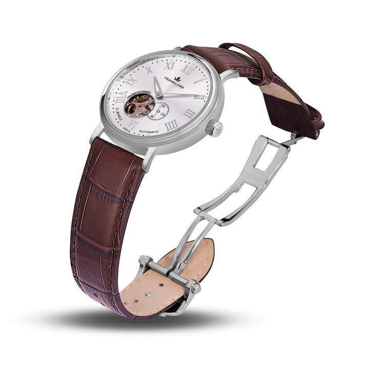 Franklord Heritage Open Heart – Rustic Luxe | Brown Strap Silver Dial Automatic Watch for Men - Franklord Watches