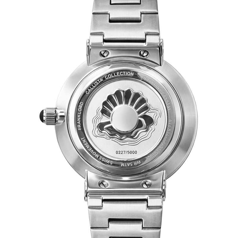 Franklord Callista Onyx | Black Mother-of-Pearl Diamond Bezel Watch for Women caseback with 3D pearl engraving