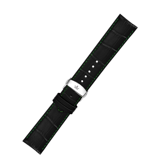 Franklord Genuine Leather Strap - Black Crocodile Style with Green Stitching