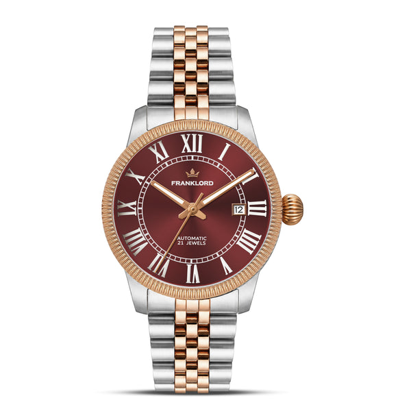 Franklord Majestic Aura 2.0 – Burgundy Red in Rose Gold & Silver | Luxury Automatic Watch for Men