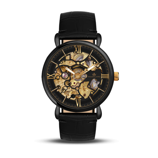 Franklord Mechanis – Noir Obsidian | Black Skeleton Automatic Watch with Leather Strap
