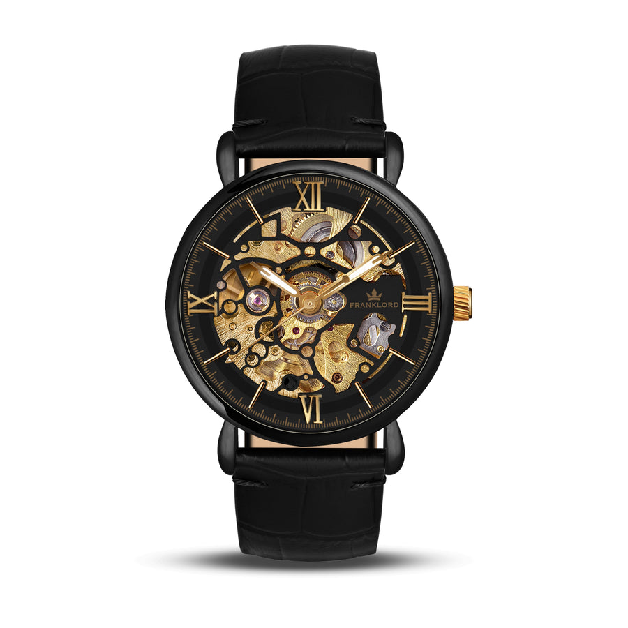 Franklord Mechanis – Noir Obsidian | Black Skeleton Automatic Watch with Leather Strap