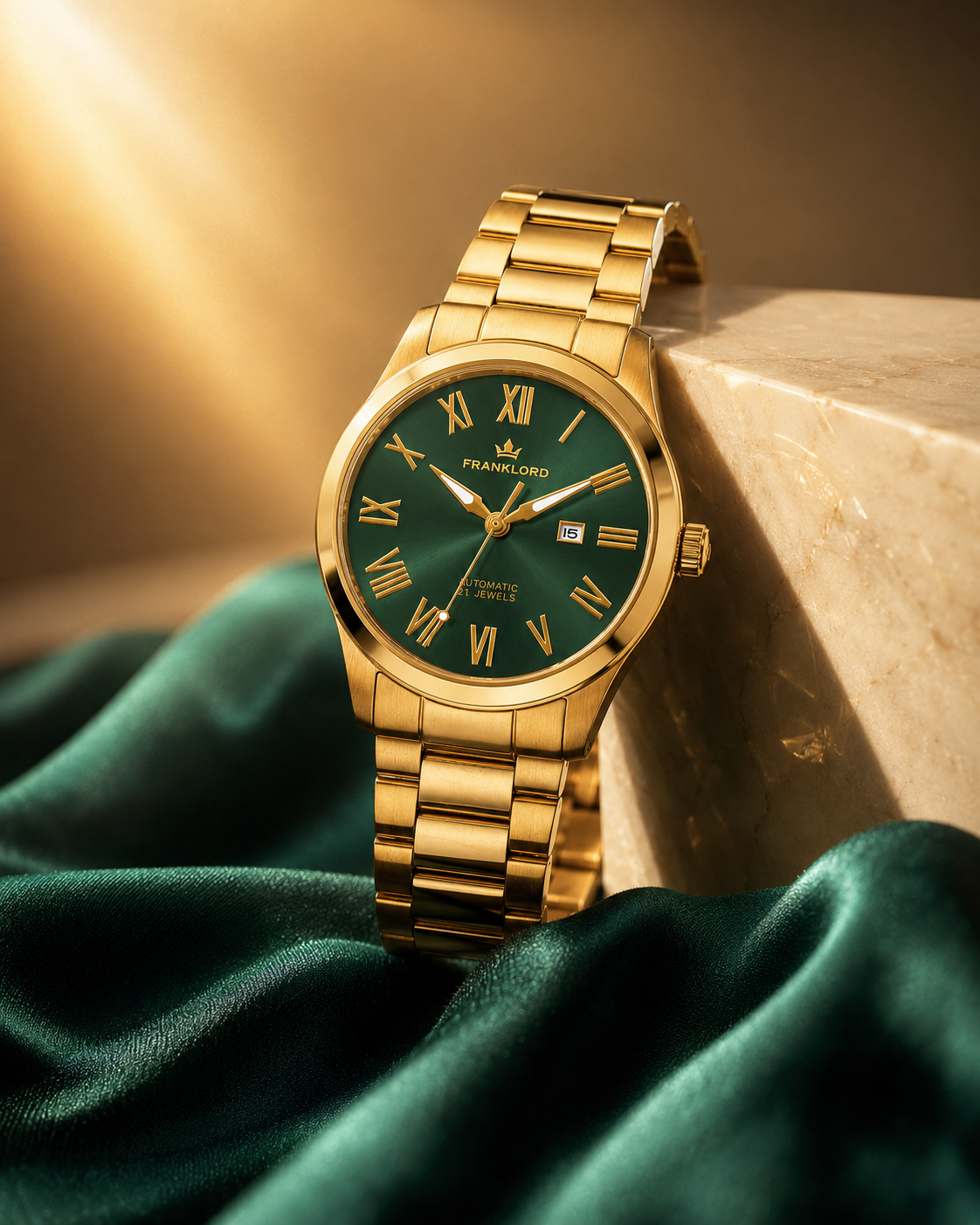 Franklord Ladies Maha Vastu Automatic – Gold Green Dial Watch for Women | 316L Steel