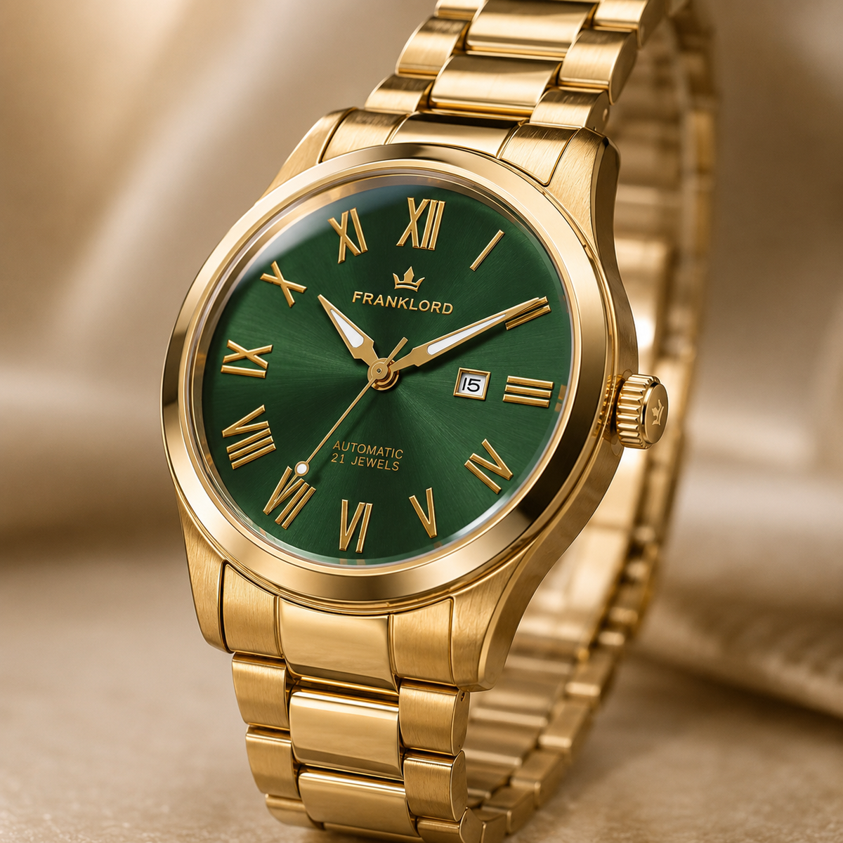 Franklord Ladies Maha Vastu Automatic – Gold Green Dial Watch for Women | 316L Steel