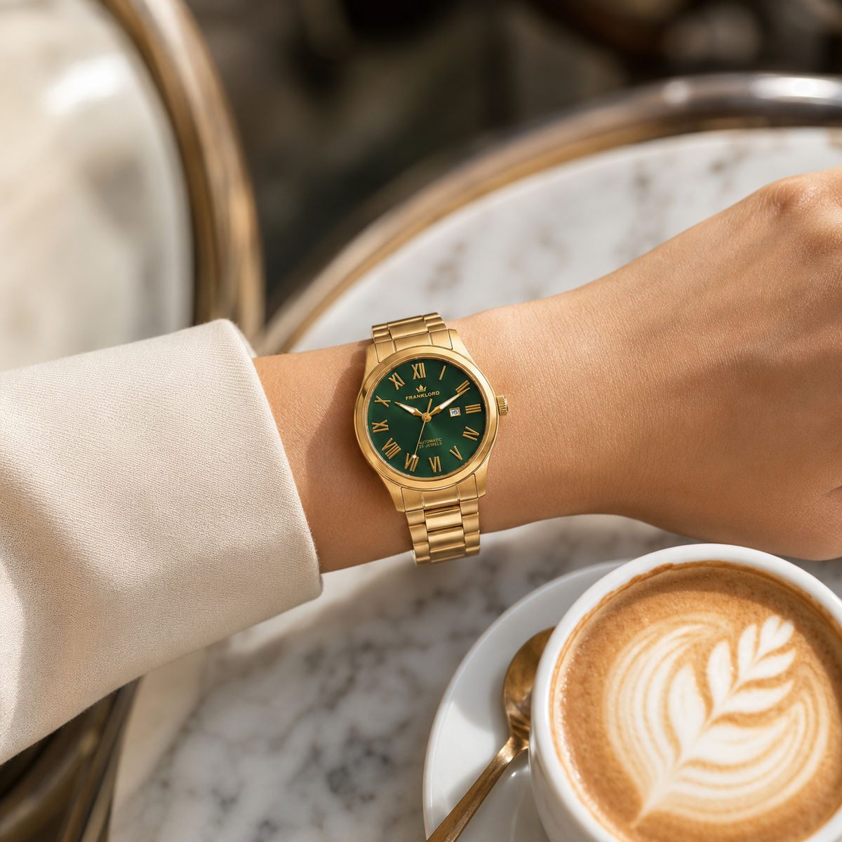 Franklord Ladies Maha Vastu Automatic – Gold Green Dial Watch for Women | 316L Steel