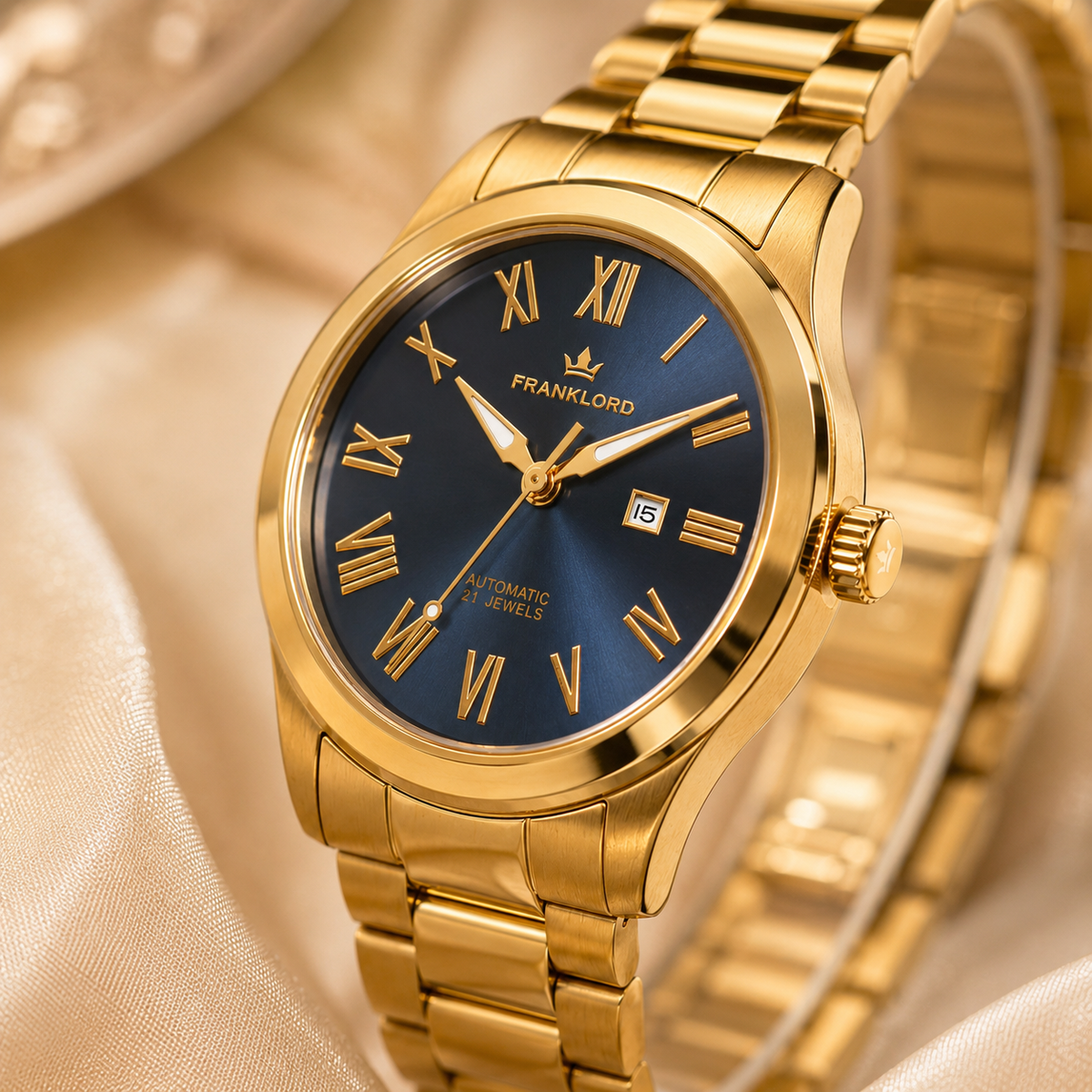 Franklord Ladies Maha Vastu Automatic – Gold Blue Dial Watch for Women | 316L Steel