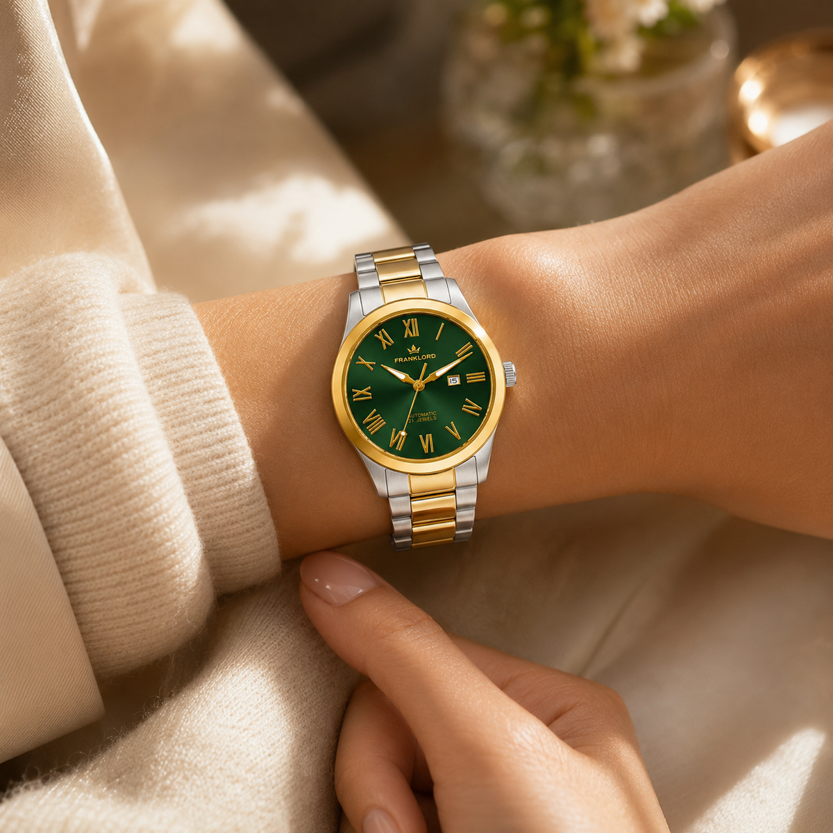 Franklord Ladies Maha Vastu Automatic – Two-Tone Green Dial Watch for Women