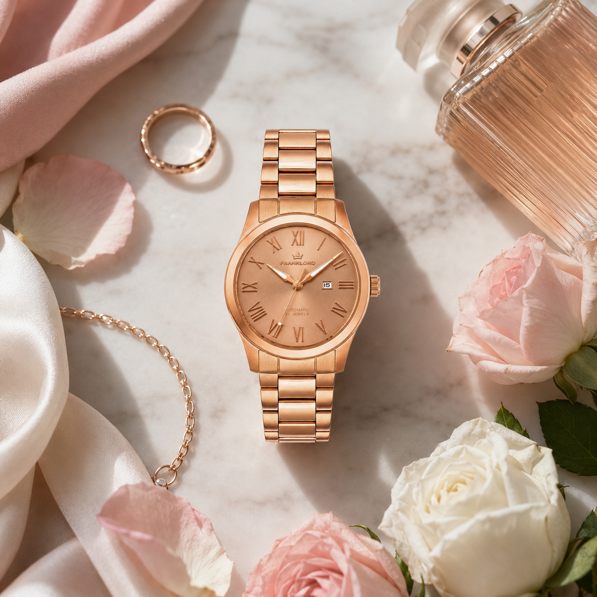 Franklord Ladies Maha Vastu Automatic – Rose Gold Blush Dial Watch for Women | 316L Steel