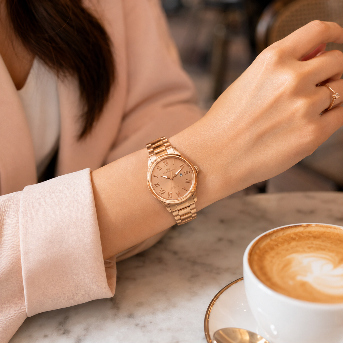 Franklord Ladies Maha Vastu Automatic – Rose Gold Blush Dial Watch for Women | 316L Steel