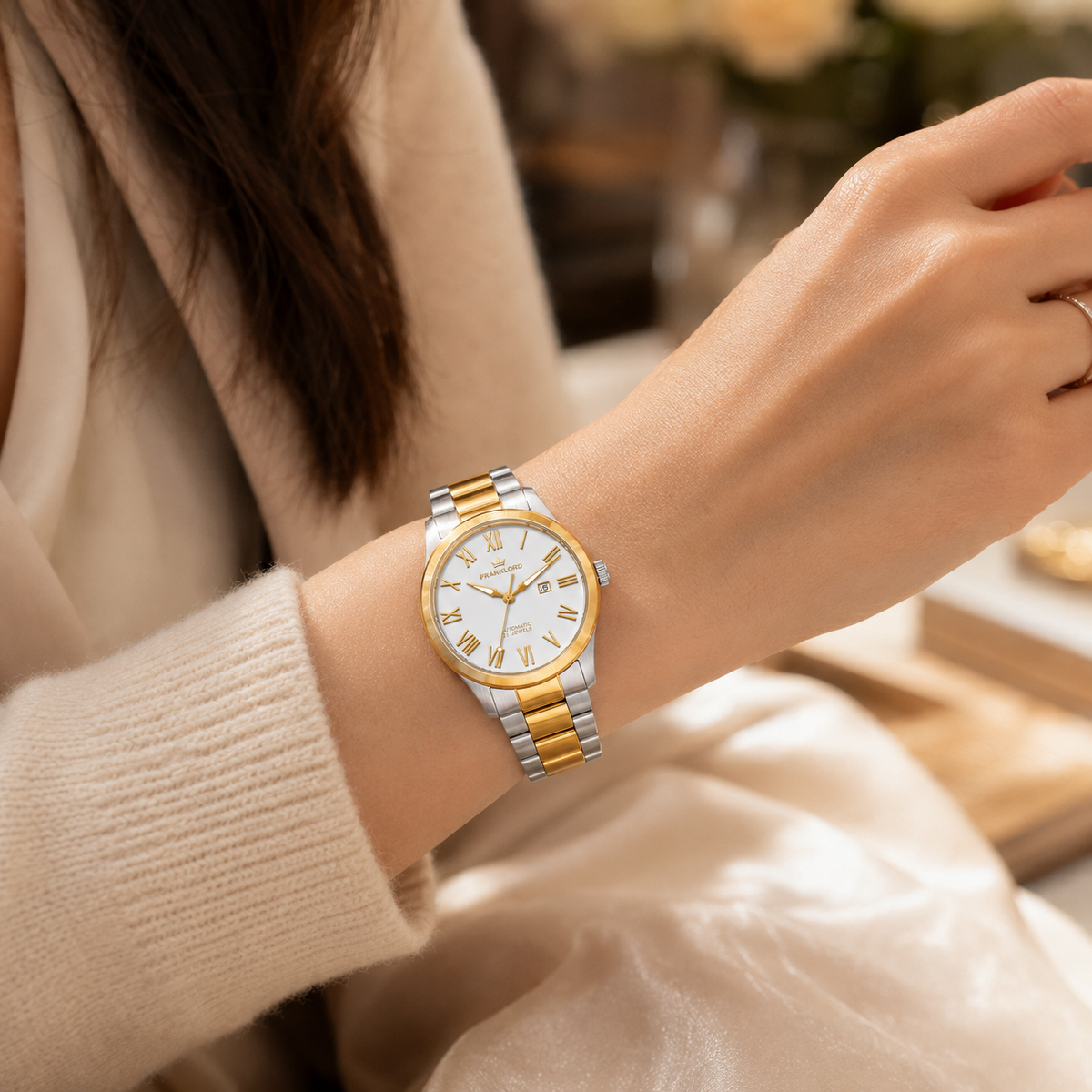 Franklord Ladies Maha Vastu Automatic – Two-Tone White Dial Watch for Women | 316L Steel