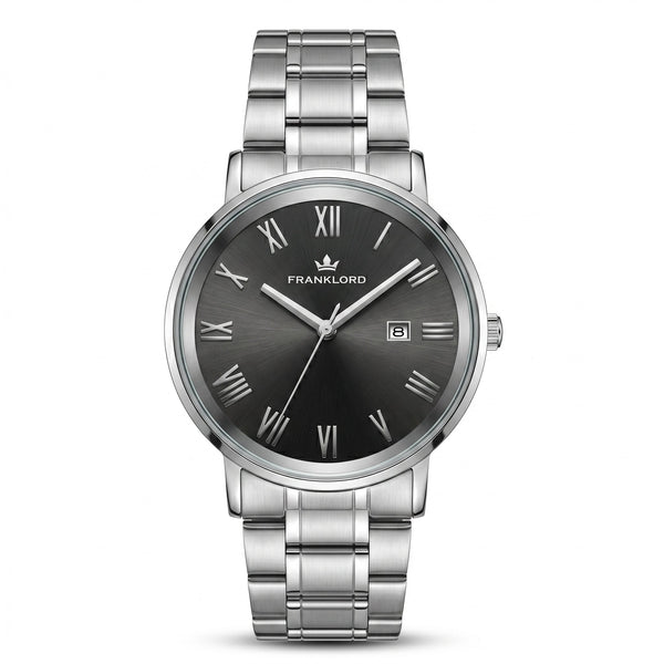 Franklord Prestige Onyx Steel Men's Watch – Black Sunburst Dial & Stainless Steel Bracelet