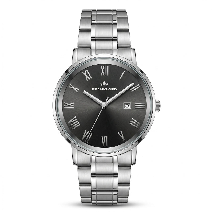 Franklord Prestige Onyx Steel Men's Watch – Black Sunburst Dial & Stainless Steel Bracelet