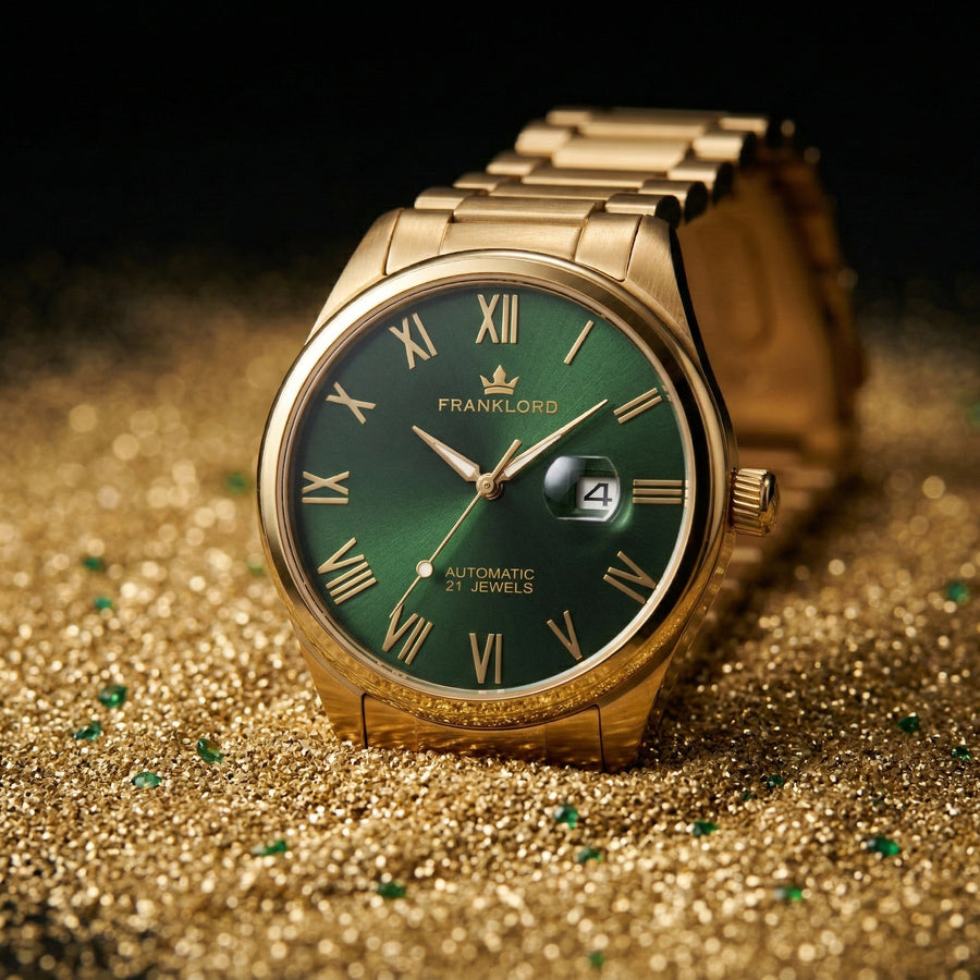 Franklord Regal Sapphire Roman Green in Gold | Maha Vastu-Inspired Timepiece for Prosperity