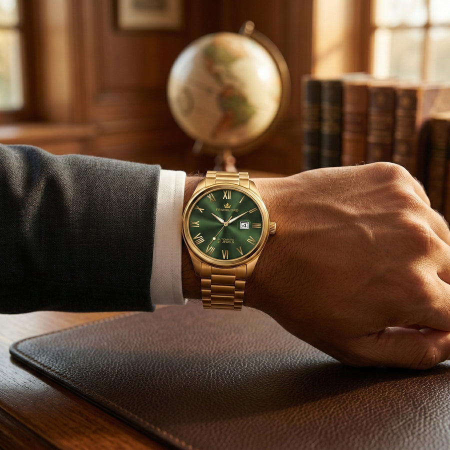 Franklord Regal Sapphire Roman Green in Gold | Maha Vastu-Inspired Timepiece for Prosperity