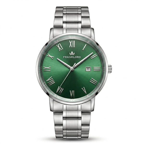 Franklord Prestige Emerald Steel Men's Watch – Green Sunburst Dial & Stainless Steel Bracelet