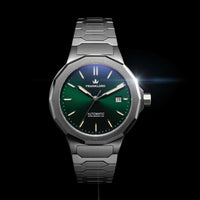 Silver watch with green dial 