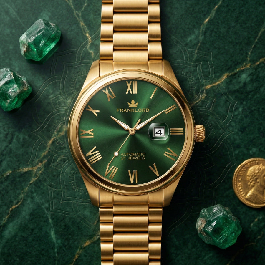Franklord Regal Sapphire Roman Green in Gold | Maha Vastu-Inspired Timepiece for Prosperity